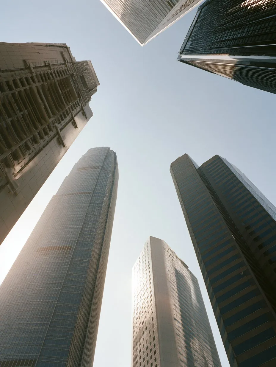 Looking up at the IFC and Central towers, Hong Kong, in morning light