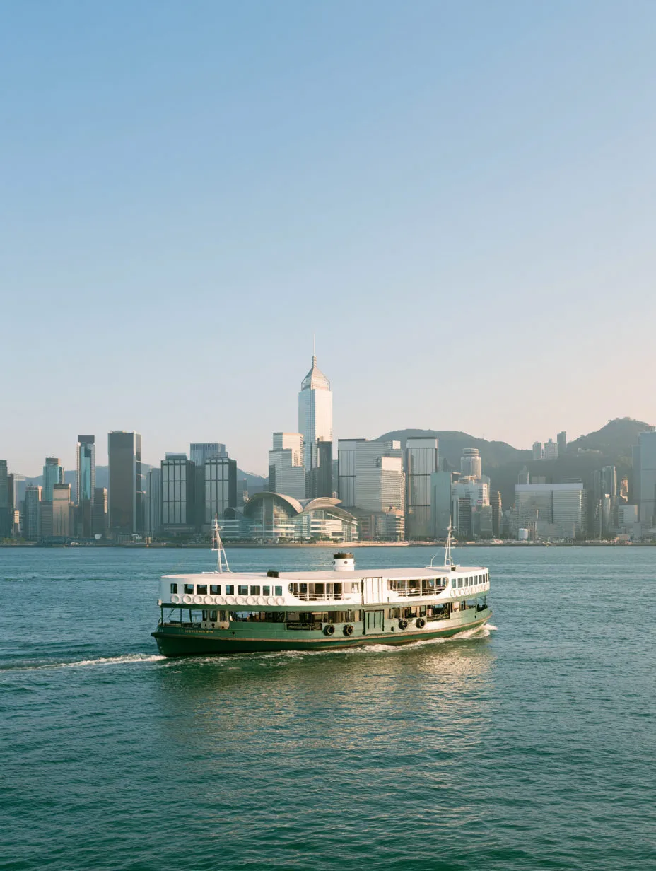 A Star Ferry crossing Victoria Harbour, Hong Kong, in clear daylight