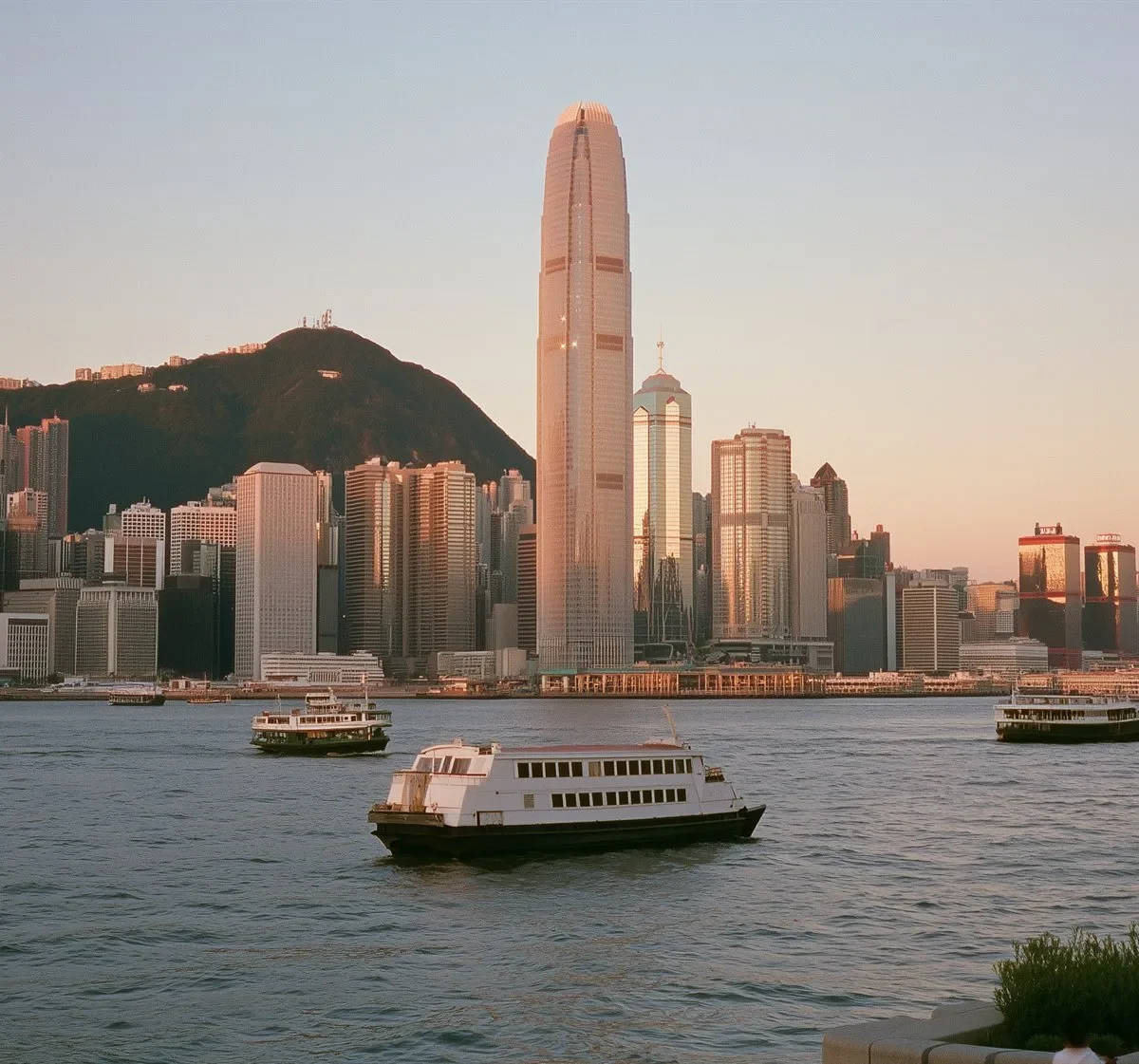 Hong Kong Island seen from Kowloon across the harbour at dusk