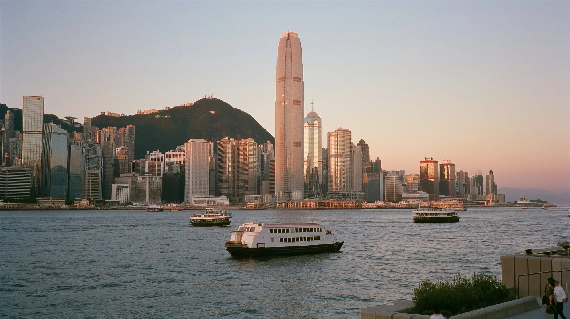 Hong Kong Island seen from Kowloon across the harbour at dusk